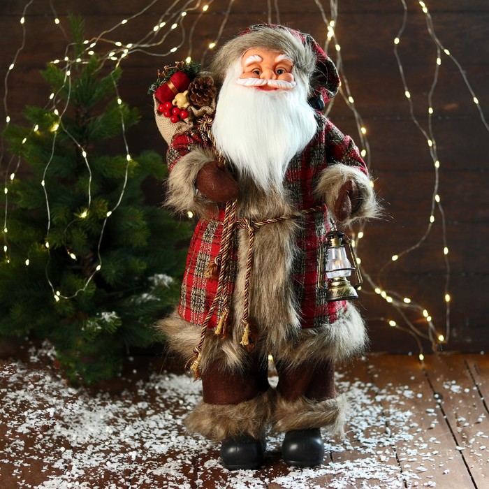 Дед Мороз В красной клетчатой шубке, с фонариком/ c веточками 60 см