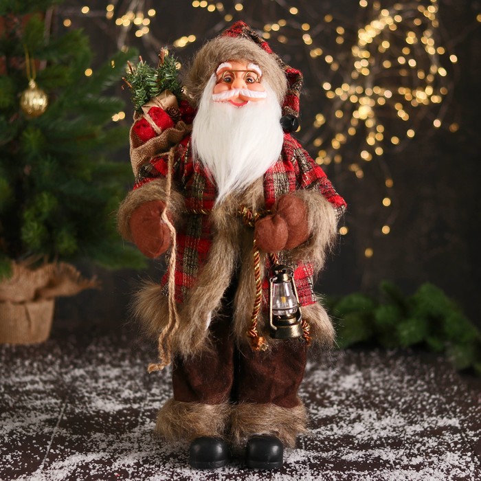Дед Мороз В красной клетчатой шубке, с фонариком и веточками 45 см