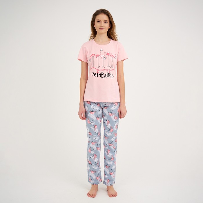Комплект женский (футболка/брюки) цвет розовый/серый, размер 48