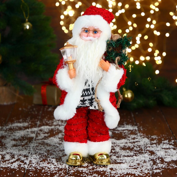 Дед Мороз В свитере и блестящей шубке с белым мехом двигается, фонарь светится, 15х35 см