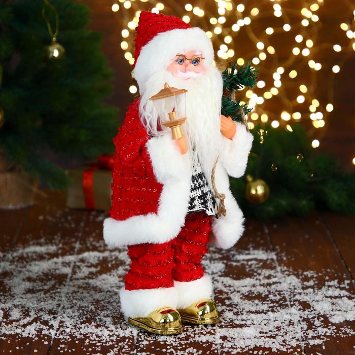 Дед Мороз "В свитере и блестящей шубке с белым мехом" двигается, фонарь светится, 15х35 см