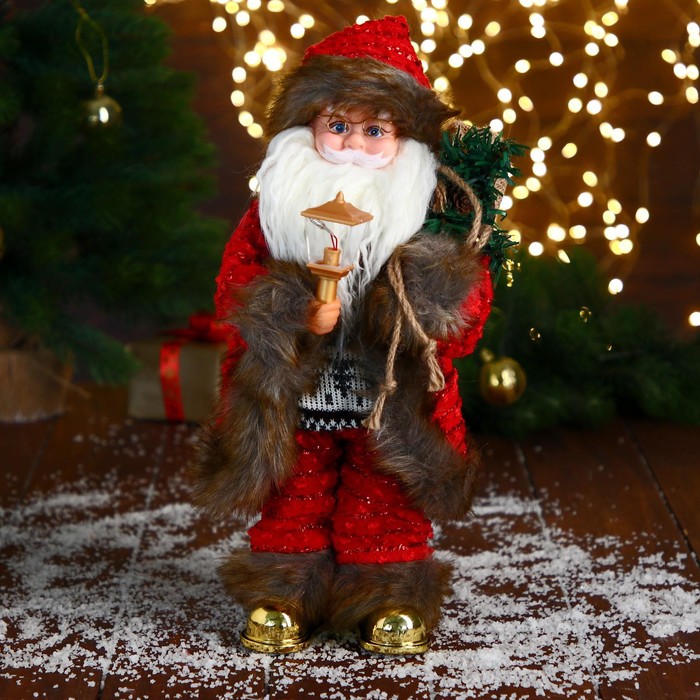 Дед Мороз В свитере и шубке с коричневым мехом двигается, фонарь светится, 15х35 см дед мороз в свитере и меховых ботинках с санками 47 см бело серый