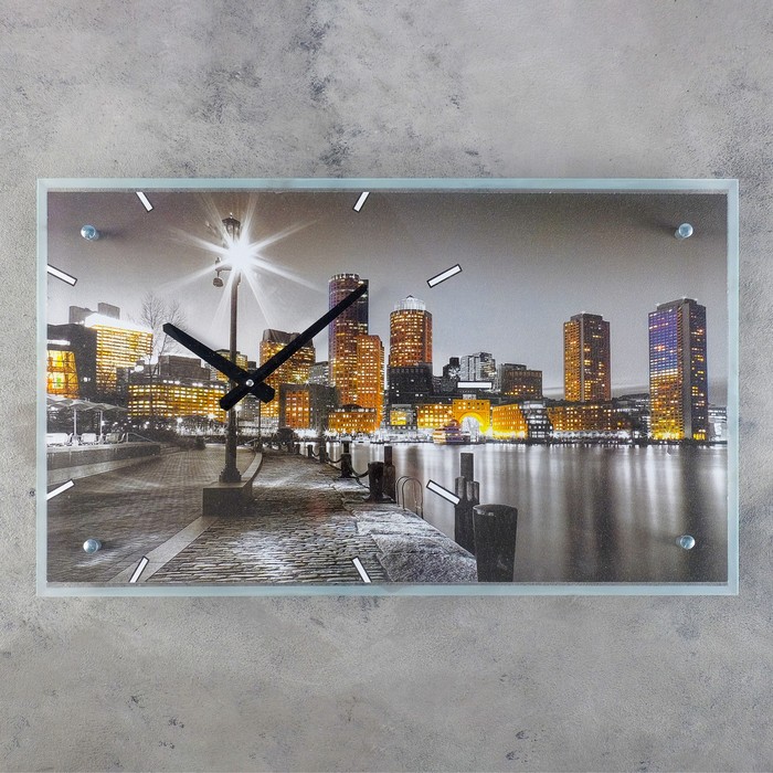 Часы настенные прямоугольные "Ночной город", стекло, 35х60 см