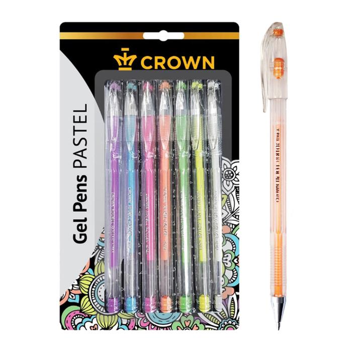 Набор гелевых ручек 0.8 мм, 7 цветов, Crown Hi-Jell Pastel, блистер набор ручек crown hi jell pastel hjr 500p 290192