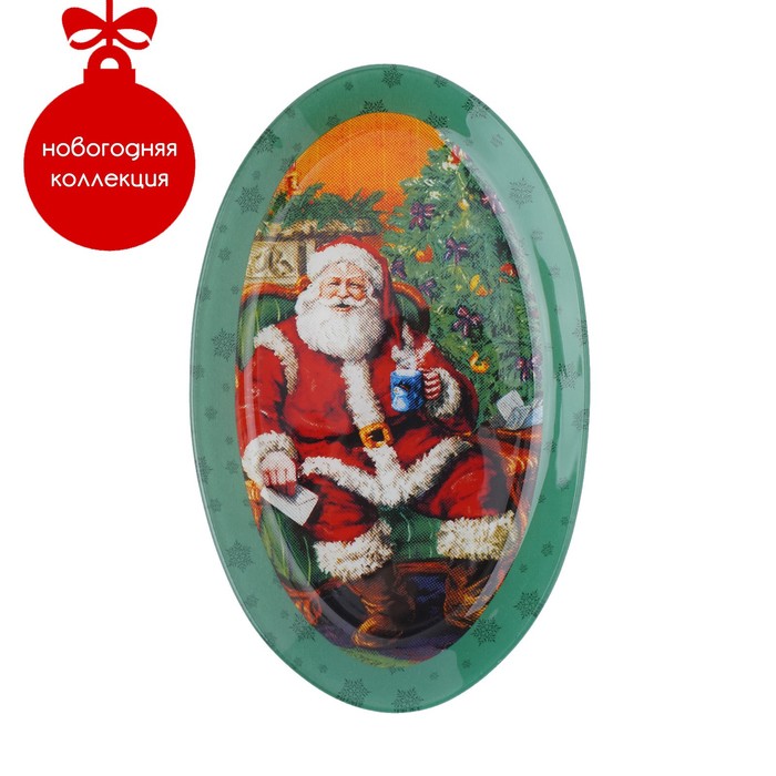 Блюдо стеклянное овальное Доляна «Счастливый Санта», 24,5×15 см блюдо стеклянное сервировочное овальное доляна синева 24 5×15 см цвет голубой