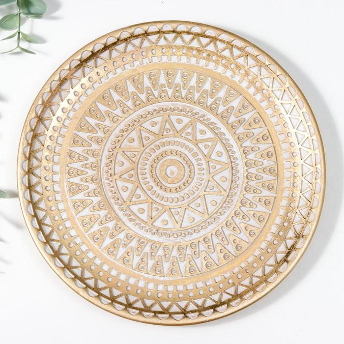 фото Тарелка декоративная полистоун панно "геометрические узоры" с золотом 19,5х19,5х1,7 см 643667