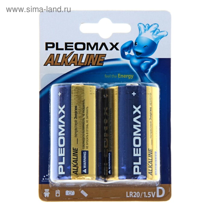 Батарейка алкалиновая Pleomax, D, LR20-2BL, 1.5В, блистер, 2 шт.
