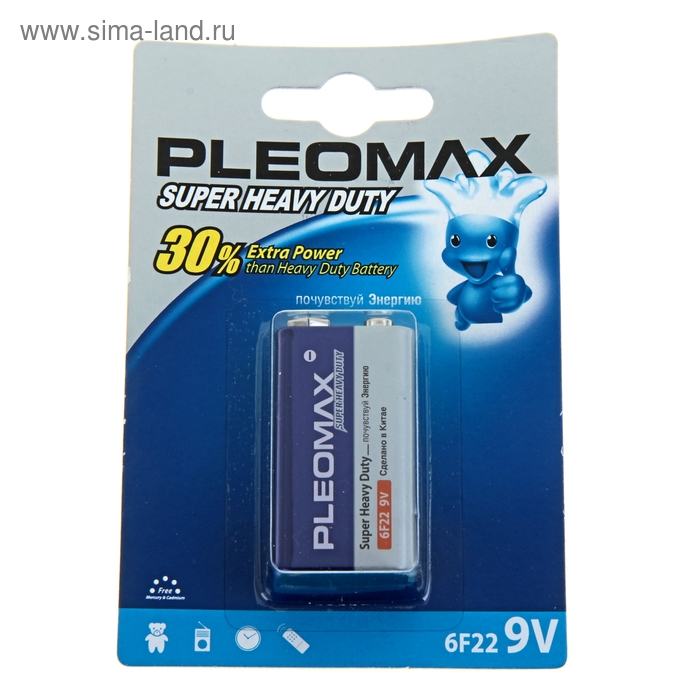 Батарейка солевая Pleomax Super Heavy Duty, 6F22-1BL, 9В, крона, блистер, 1 шт.
