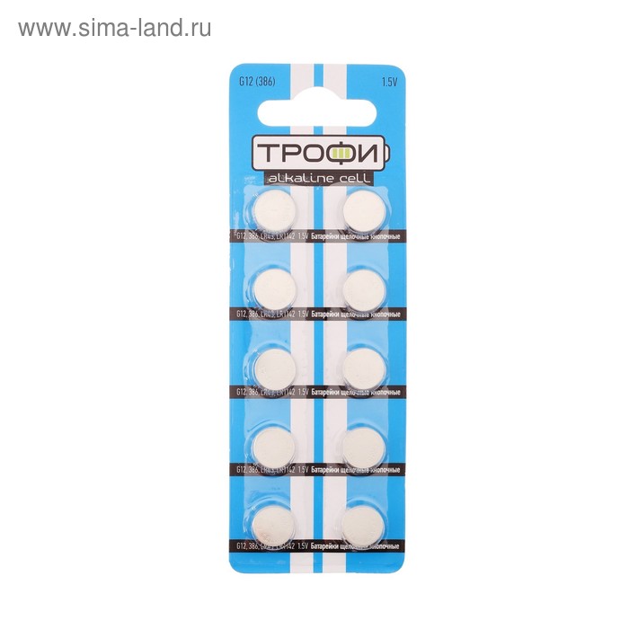 Батарейка алкалиновая "Трофи" Alkaline Cell, G12 (386, LR1142, LR43)-10BL,1.5В,блистер,10 шт.