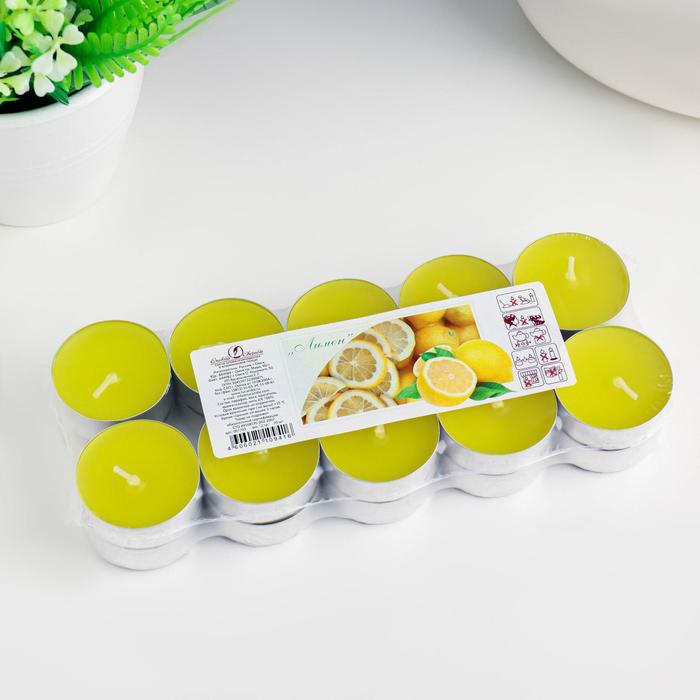 Набор чайных свечей ароматических в термоусадке Лимон, 3,8х1,6 см, 3,5 ч, 12 г, 20 штук