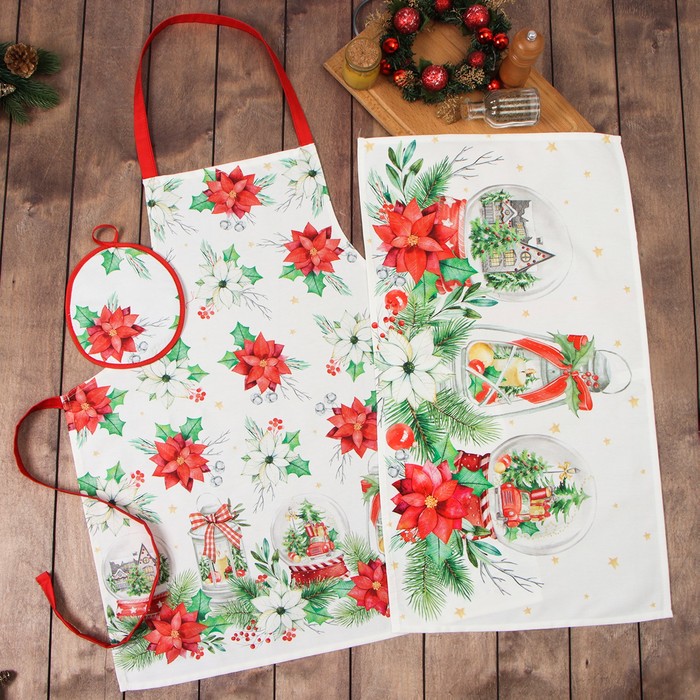 

Набор подарочный "Этель" Christmas red flowers, фартук, полотенце, прихватка