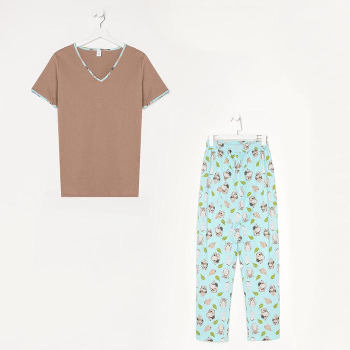 Пижама женская (футболка, брюки), цвет  какао/бежевые, принт совы, размер 52
