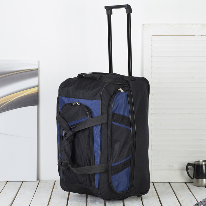 Сумка дорожная на колёсах, 1 отдел, 3 наружных кармана, чёрный/синий