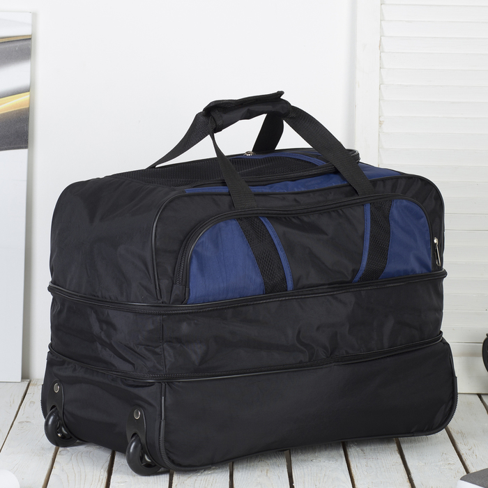 Сумка дорожная на колёсах, 1 отдел, 3 наружных кармана, чёрный/синий