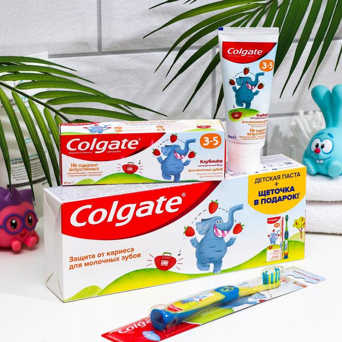 фото Набор colgate зубная паста для детей со вкусом клубники 60 мл + зубная щётка супермягкая