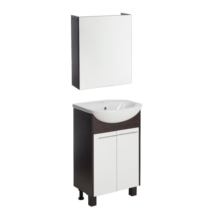 Комплект мебели: для ванной комнаты Венге 50: зеркало-шкаф + тумба + раковина
