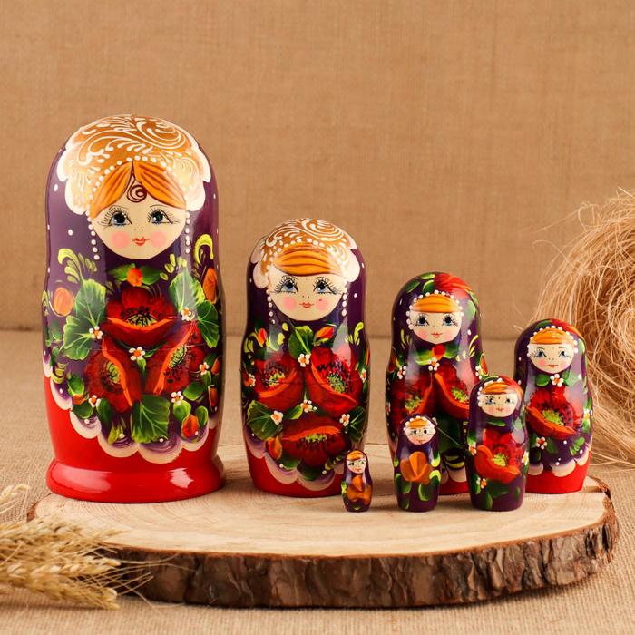 фото Матрешка "маки", фиолетово-красная платок, 7-ми кукольная, 21 см