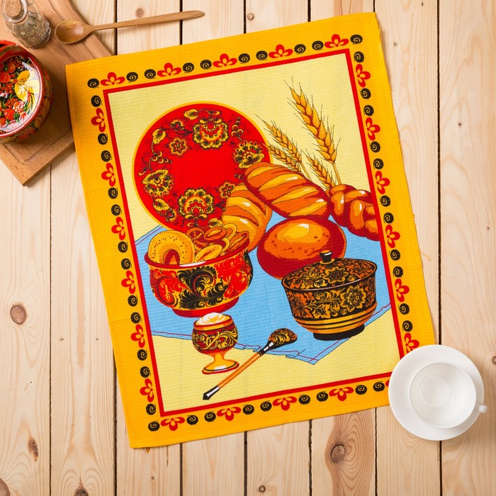 Полотенце вафельное набивное купонное "Хлеб соль" МИКС 45*62 см, жёлтое 160гр/м, хлопок 100%