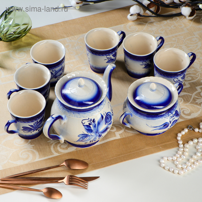 фото Набор чайный "витязь", роспись, 8 предметов: чайник 1 л, сахарница 0.4 л, 6 чашек 0.3 л керамика ручной работы
