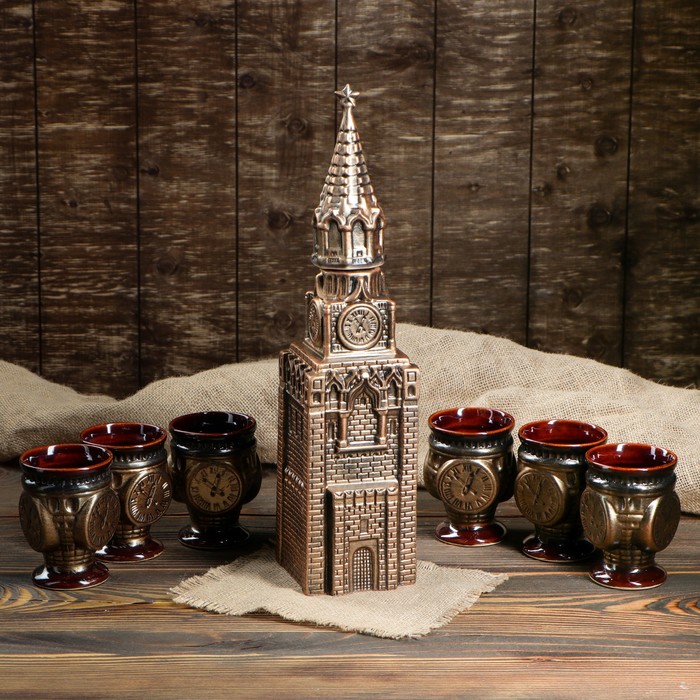 Штоф с рюмками "Кремль" бронза, 7 предметов, 1,3 л/ 0,05 л