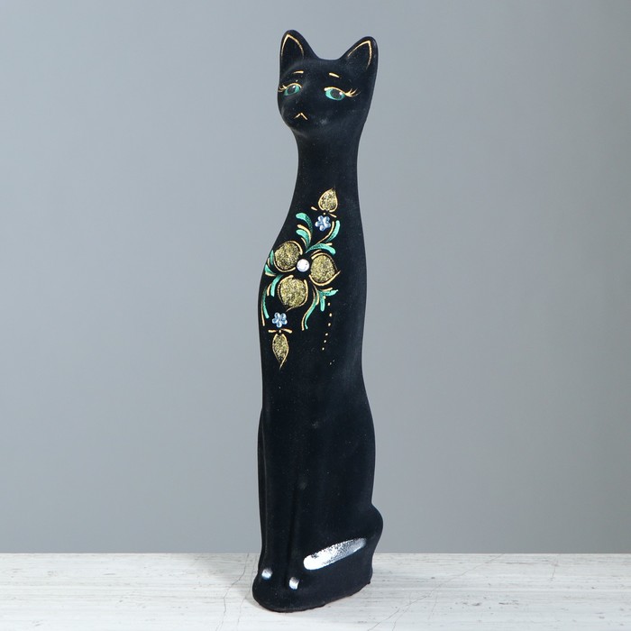 Копилка "Кот" средняя, флок, чёрная, ветка