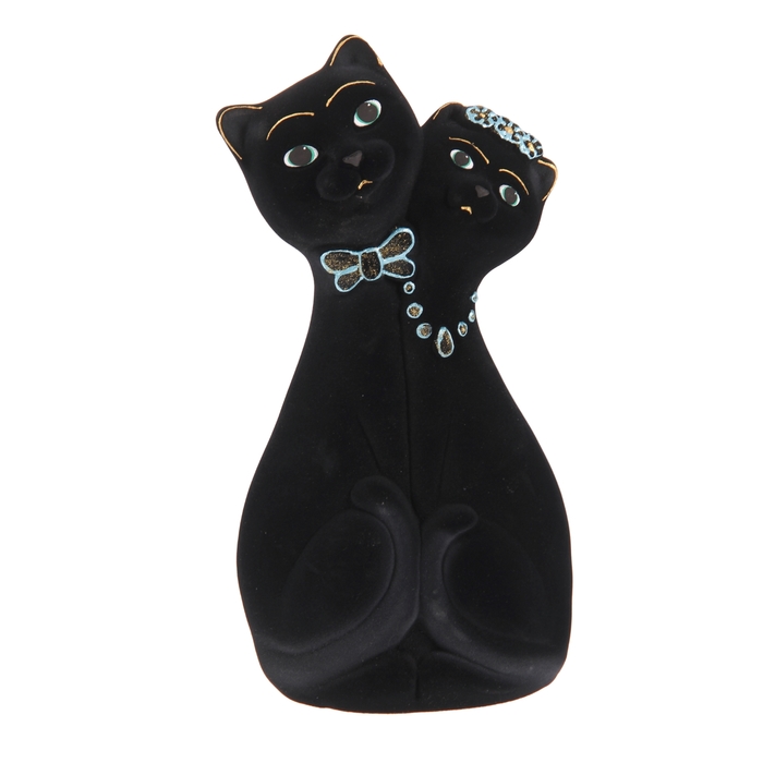 Копилка "Влюбленная пара" большая, флок, чёрная, с голубыми украшениями