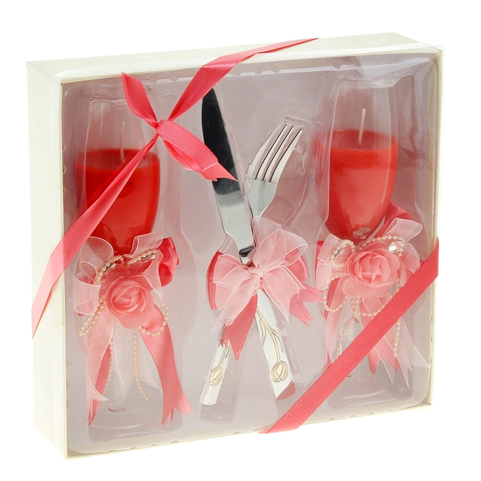 Свечи восковые (набор 2 шт + нож + вилка) "Бокал. Яркая свадьба", цвет красный