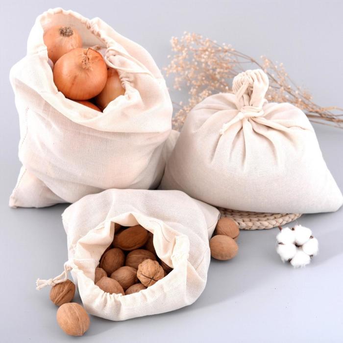 Мешок хлопковый, 30 × 27 см, на 3 кг, с завязками, белый