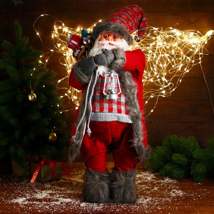 Дед Мороз В красном клетчатом свитере, с фонариком 60 см дед мороз в свитере и меховых ботинках с санками 47 см бело серый