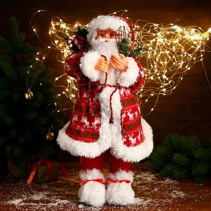 Дед Мороз В красной шубке с оленями, с веточками 60 см