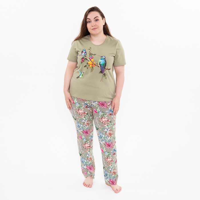 Комплект домашний женский (футболка и брюки), цвет хаки, размер 50