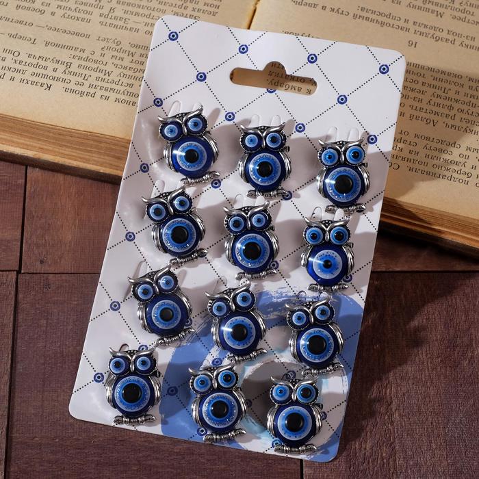 Брошь-оберег "Сова" глазки, цвет синий в чернёном серебре