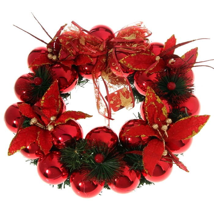 Венок рождественский "Красный бант с пуансеттией"