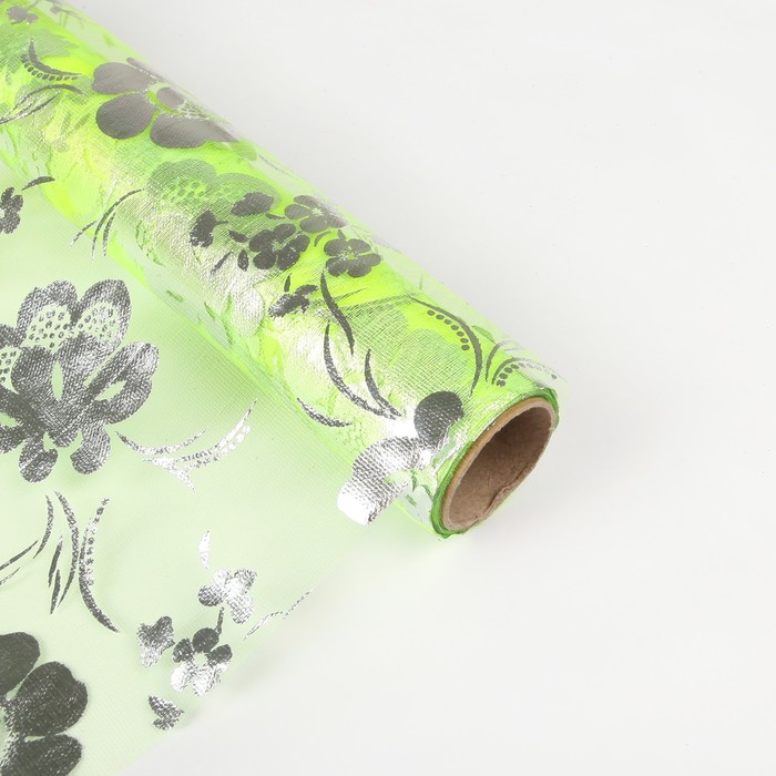 Органза "Цветочная полянка", цвет светло-зеленый