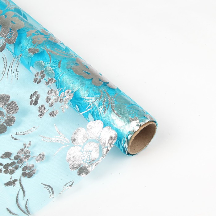 Органза "Цветочная полянка", цвет бирюзовый