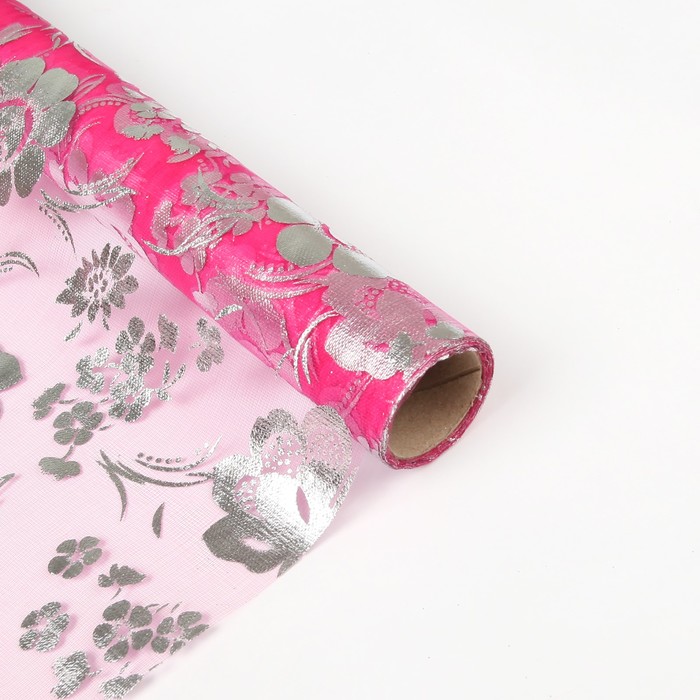 Органза "Цветочная полянка", цвет ярко-розовый