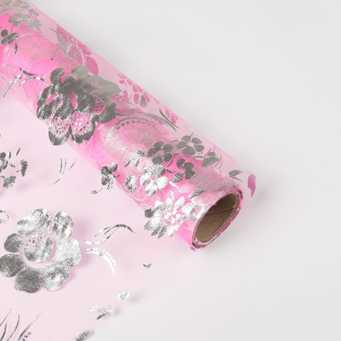 Органза "Цветочная полянка", цвет светло-розовый