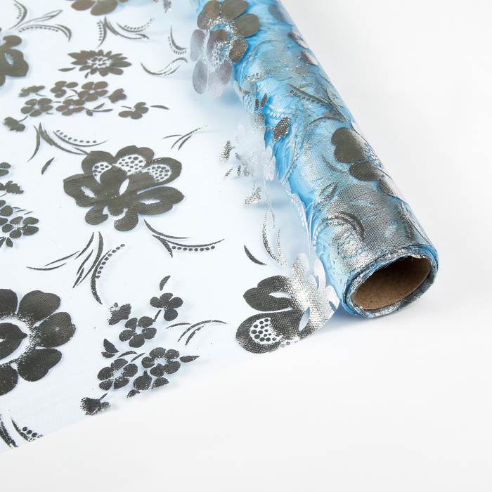 Органза "Цветочная полянка", цвет голубой