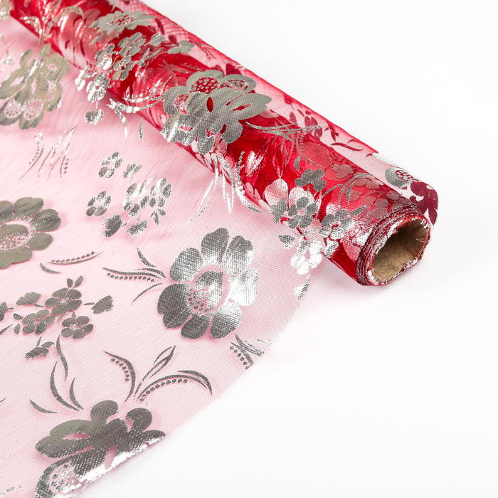 Органза "Цветочная полянка", цвет бордовый