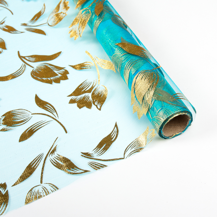 Органза "Золотые тюльпаны", цвет бирюзовый