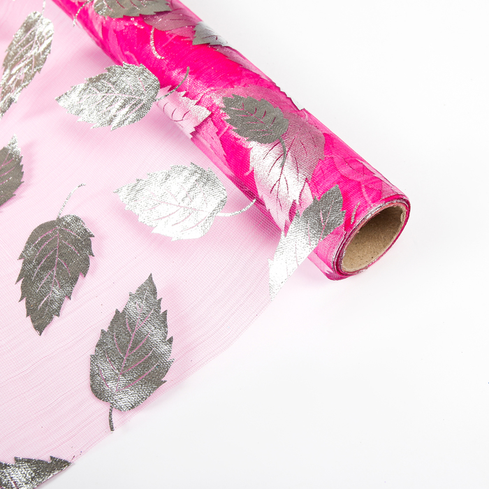 Органза "Листья", цвет ярко-розовый