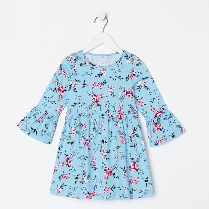Платье для девочки, цвет голубой/рис. цветочки, рост 104 см