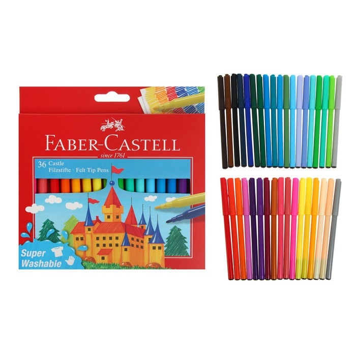 Фломастеры Faber-Castell Замок смываемые в картонной коробке с европодвесом 36 цветов 432₽