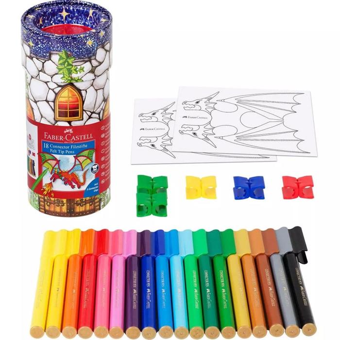 Фломастеры 18 цветов Faber-Castell Connector + 5 клипс + 2 карты для раскрашивания, в металлической коробке