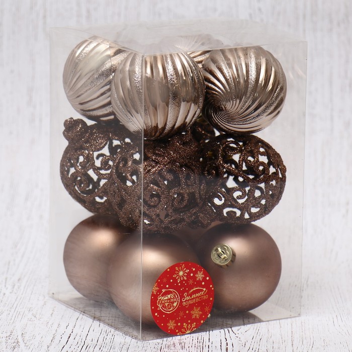 фото Набор шаров пластик d-6 см, 12 шт "николь узоры" коричневый зимнее волшебство