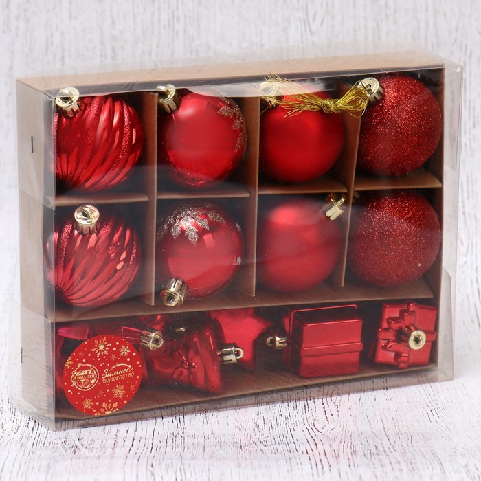 фото Набор украшений пластик 14 шт "дейзи" (8 шаров d-6 см, 6 фигурок) красный зимнее волшебство