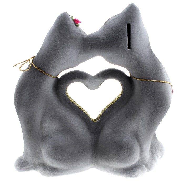 Копилка "Кошки в форме сердца", флок, серая