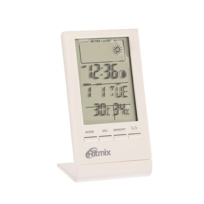 Метеостанция RITMIX CAT-040, комнатная, термометр, гигрометр, будильник, 1хLR1140, белая
