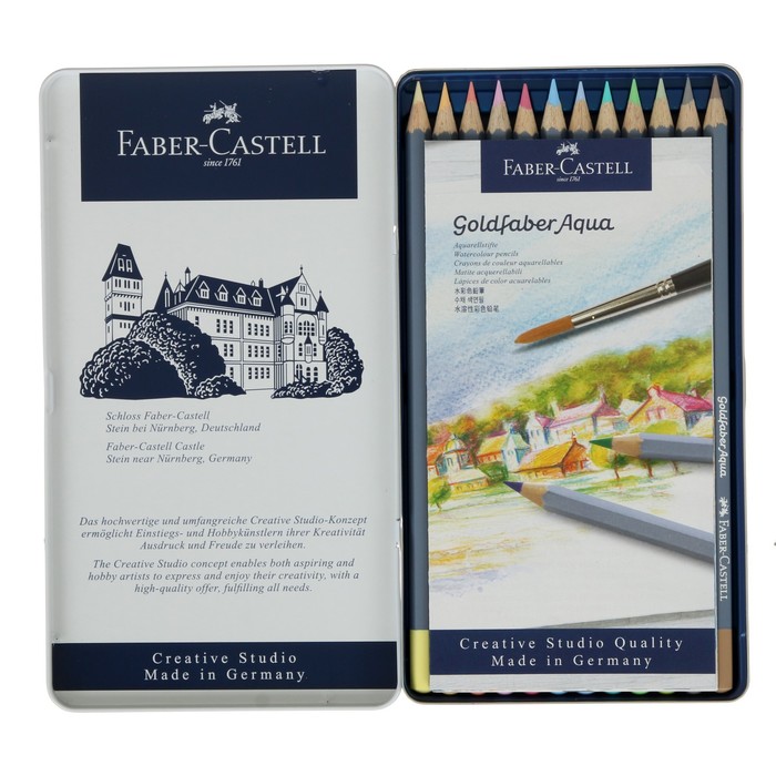 

Карандаши акварельные Faber-Castell Goldfaber Aqua, 12 цветов, Pastel, в металлической коробке