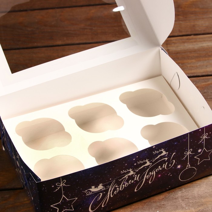 Упаковка на 6 капкейков с окном "Новогоднее серебро», 25 х 17 х 10 см 7464677